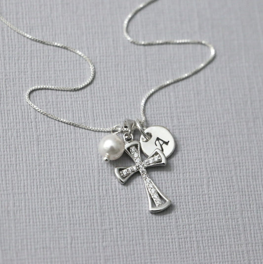 Personalized Cross Necklace, Sterling Silver Cross Necklace, Tiny Cross Necklace, Baptism Gift, Confirmation Gift, Confirmation Gift Girl