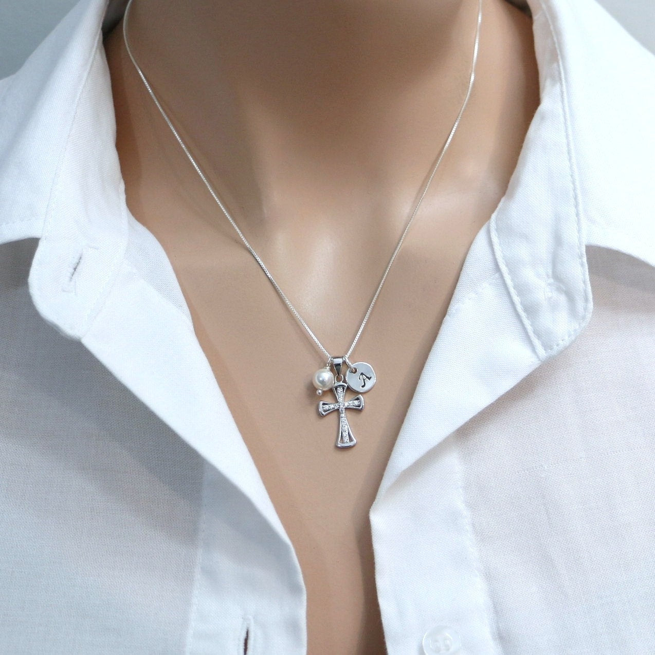 Personalized Cross Necklace, Sterling Silver Cross Necklace, Tiny Cross Necklace, Baptism Gift, Confirmation Gift, Confirmation Gift Girl