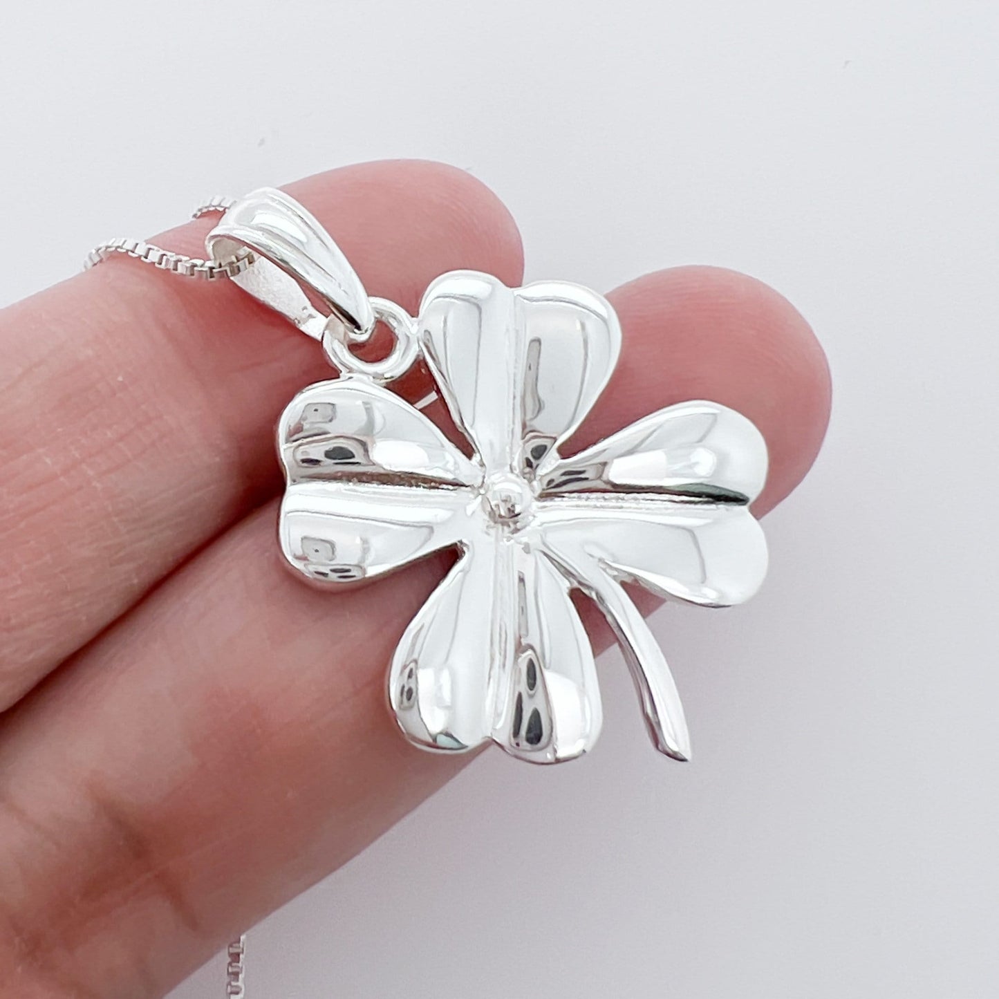 Large High Polish Sterling Silver Four Leaf Clover Pendant Necklace, St. Patrick's Day Gift, Good Luck Necklace, Best Friend Gift Necklace