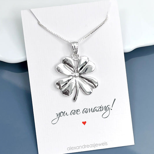 Large High Polish Sterling Silver Four Leaf Clover Pendant Necklace, St. Patrick's Day Gift, Good Luck Necklace, Best Friend Gift Necklace