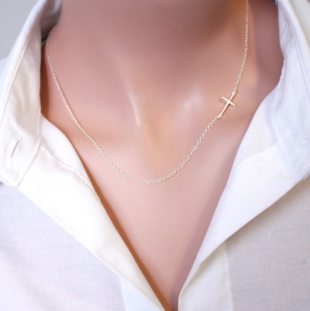 Sideways Cross Necklace, Sterling Silver Sideways Cross Necklace Silver Cross Necklace Sideways Cross Jewelry Baptism Gift Confirmation Gift