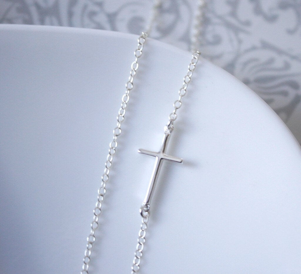 Sideways Cross Necklace, Sterling Silver Sideways Cross Necklace Silver Cross Necklace Sideways Cross Jewelry Baptism Gift Confirmation Gift