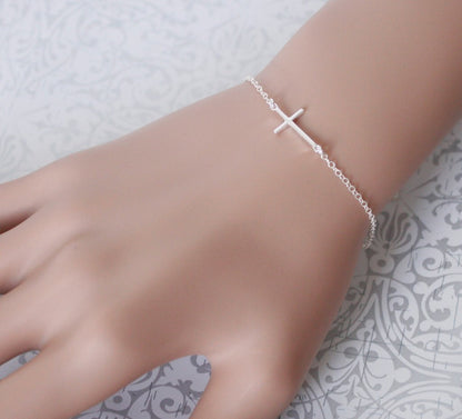 Sideways Cross Bracelet, Sterling Silver Sideways Cross Bracelet, Bapstism Gift Girl, Everyday Bracelet, Cross Bracelet, Gift for Her