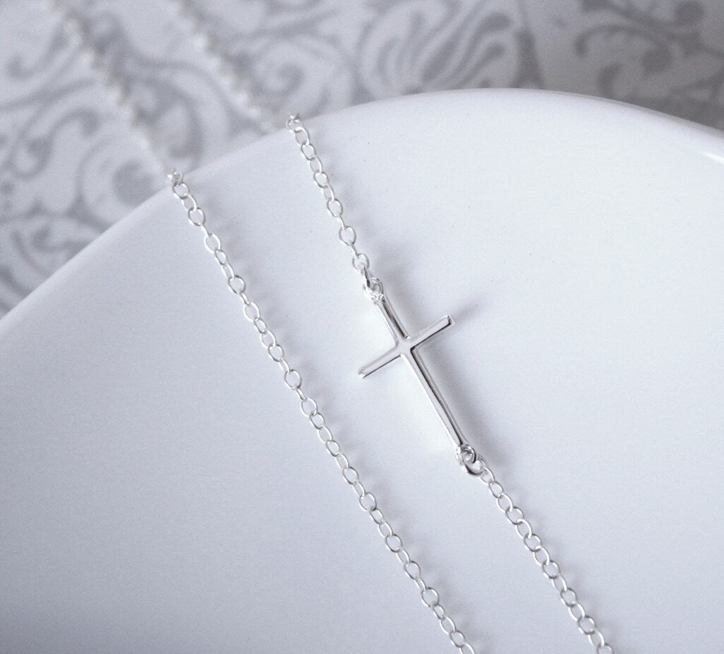 Sideways Cross Necklace, Sterling Silver Sideways Cross Necklace Silver Cross Necklace Sideways Cross Jewelry Baptism Gift Confirmation Gift