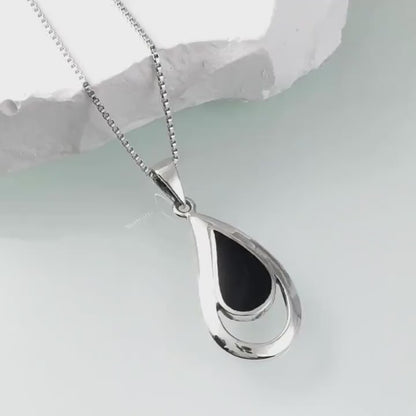 Sterling Silver Black Onyx Long Nested Curved Teardrop Necklace, Elegant Layering Jewelry Gift for Mom Daughter Wife or Grandmother