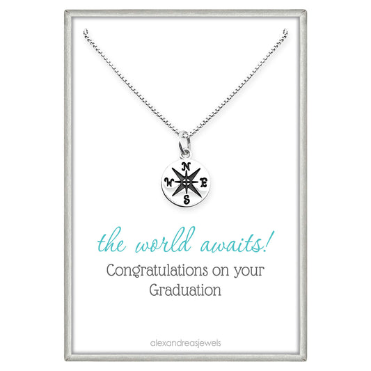 Tiny and Dainty Sterling Silver Compass Necklace for Women, Graduation Gift Necklace for Daughter Niece or Granddaughter, High School Graduation Gift