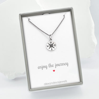 Small Compass Necklace Sterling Silver, Enjoy the Journey Necklace, Graduation Gift Necklace