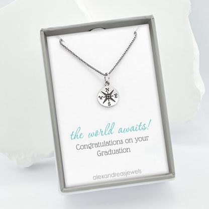 Tiny and Dainty Sterling Silver Compass Necklace for Women, Graduation Gift Necklace for Daughter Niece or Granddaughter, High School Graduation Gift