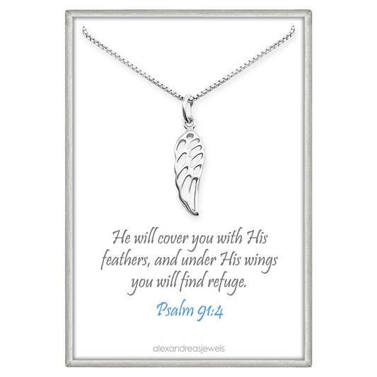 Sterling Silver Wing Necklace for Women, Delicate and Dainty Angel Wing Necklace, Psalm 91, Inspirational Necklace, Sympathy Necklace