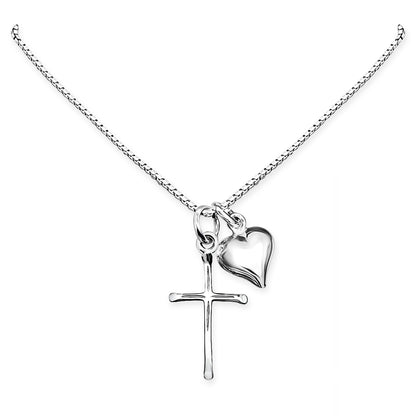 Delicate and Dainty Sterling Silver Cross Necklace with Puffed Heart Charm for Women