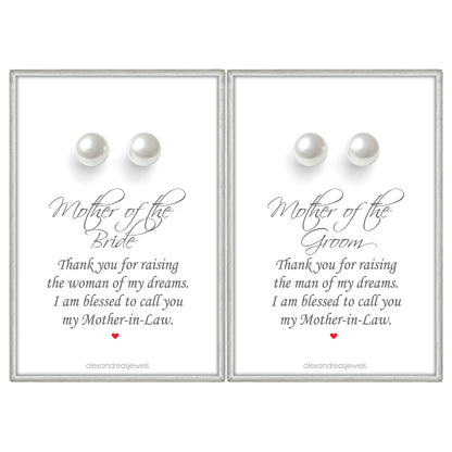 White Pearl Stud Earrings, Set of 2 Mother of the Bride and Mother of the Groom Gift Earrings, Future Mother in Law Gifts from Daughter in Law and Son in Law