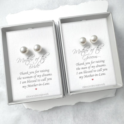 White Pearl Stud Earrings, Set of 2 Mother of the Bride and Mother of the Groom Gift Earrings, Future Mother in Law Gifts from Daughter in Law and Son in Law