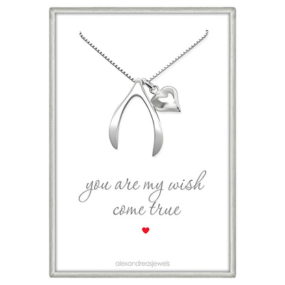 Sterling Silver Wishbone Necklace with Puffed Heart Charm, Girlfriend Gift Necklace, Daughter Birthday Gift, Wife Anniversary Gift Necklace, Wish Bone Necklace