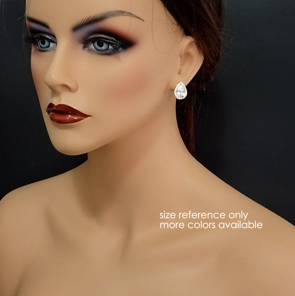 pear crystal stud earrings on a model mannequin