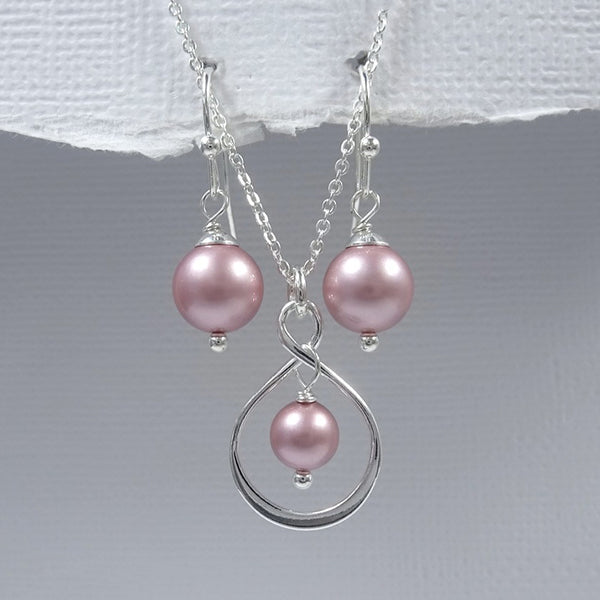 infinity and powder rose pearl necklace and earrings set