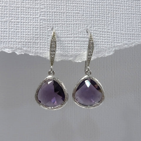 amethyst purple framed glass earrings