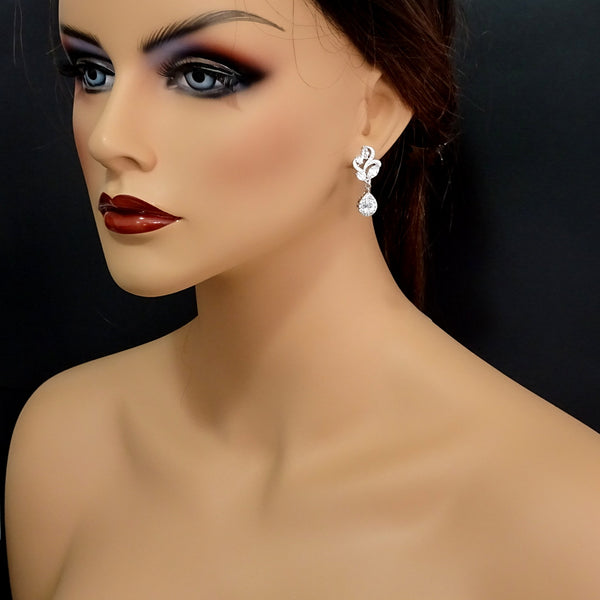 clear cubic zirconia crystal drop earrings on a mannequin model