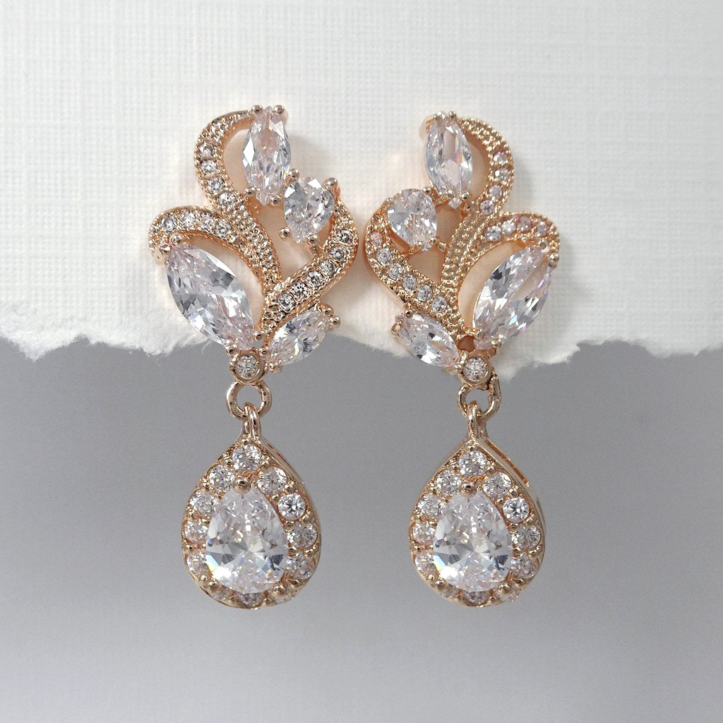 clear cubic zirconia crystal drop earrings in rose gold plated setting