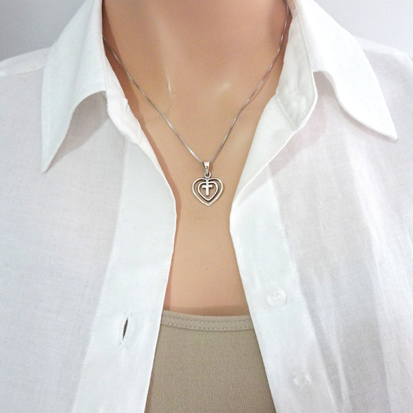 Sterling Silver Heart and Cross Necklace