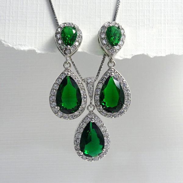 dark green cubic zirconia crystal drop necklace and earrings set