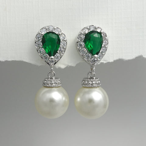 ivory pearl and green cubic zirconia crystal earrings