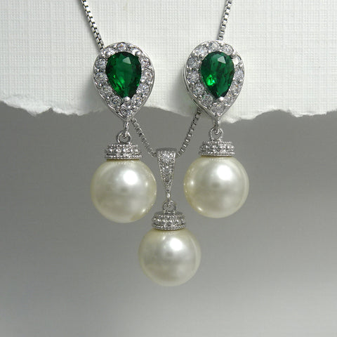ivory pearl and green cubic zirconia crystal necklace and earrings set