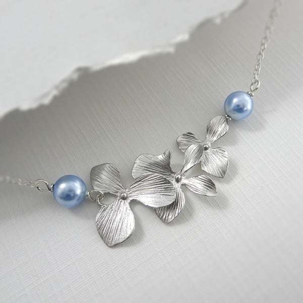 orchid and light blue pearl necklace