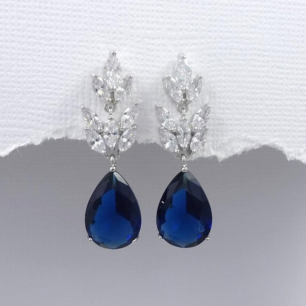 dark blue cubic zirconia crystal drop earrings in silver plated setting