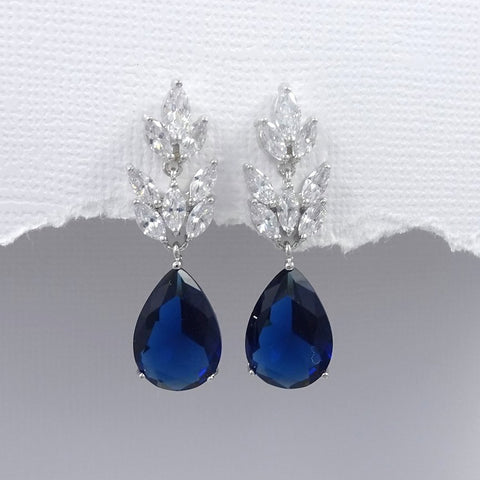 dark blue cubic zirconia crystal drop earrings in silver plated setting