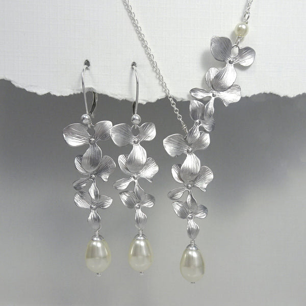orchid and ivory pearl necklace and earrings set