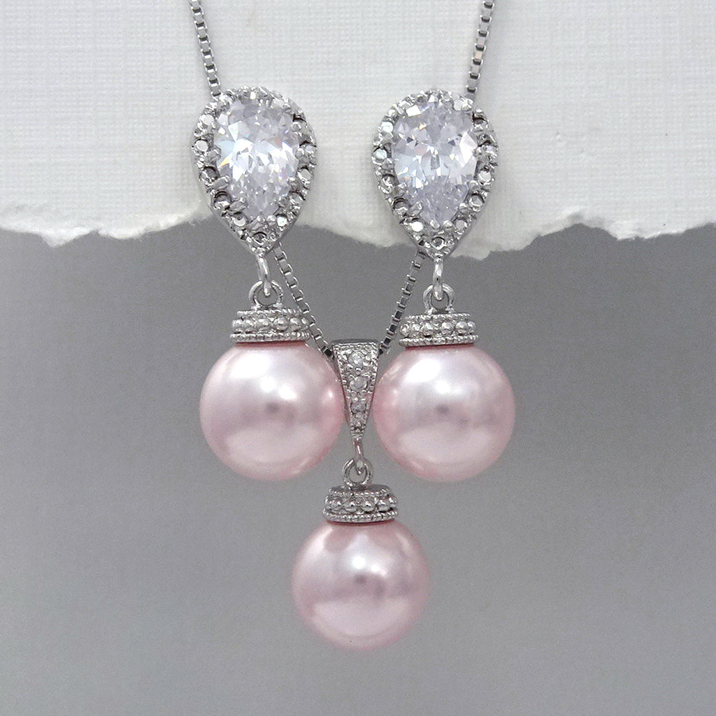 light pink pearl cubic zirconia necklace and earrings set