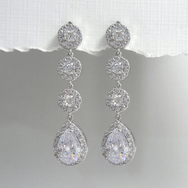 cubic zirconia pear crystal long dangle earrings in silver