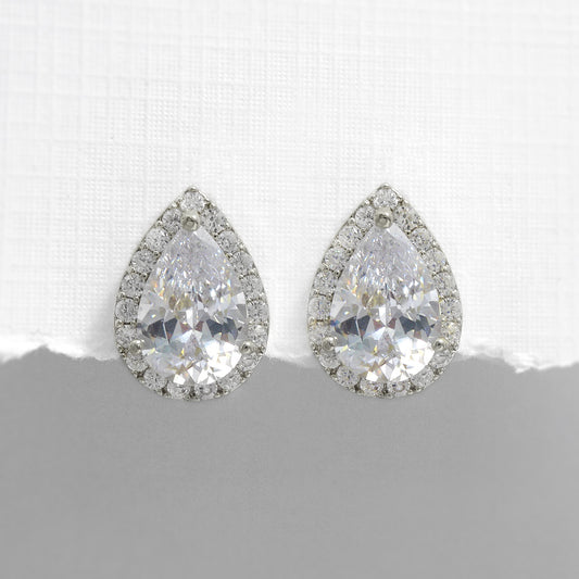 Pear Crystal Stud Earrings in Silver Setting