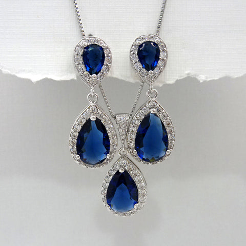 dark blue cubic zirconia crystal drop necklace and earrings set