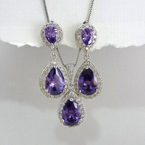 purple cubic zirconia crystal drop necklace and earrings set