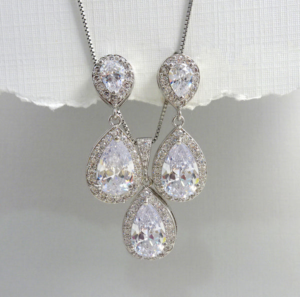 clear cubic zirconia crystal drop necklace and earrings set