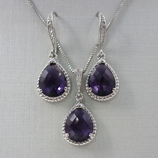 dark purple framed glass necklace and earrings set