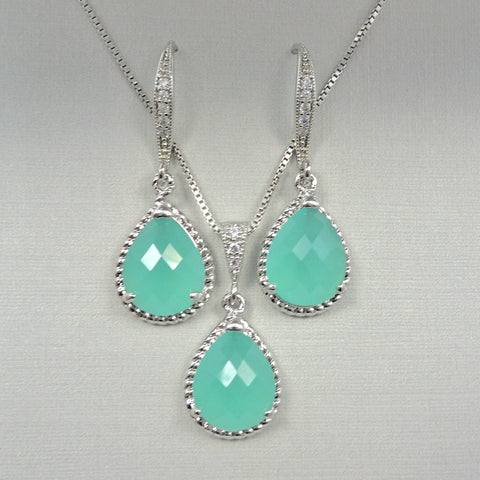 mint green framed glass jewelry necklace and earrings set