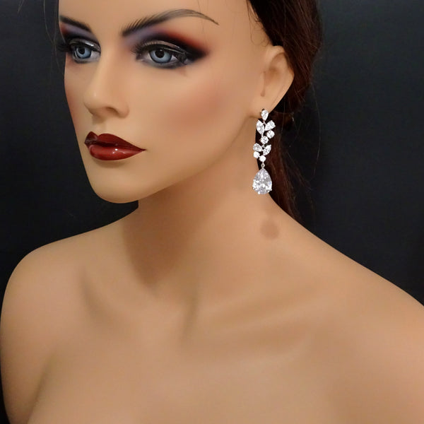 cubic zirconia crystal long dangle earrings on a model mannequin