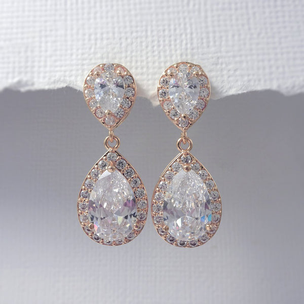 clear cubic zirconia crystal drop earrings in rose gold plated setting
