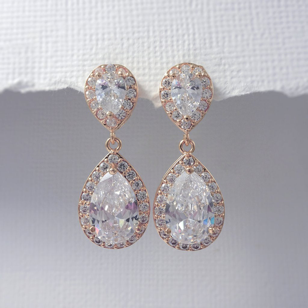 clear cubic zirconia crystal drop earrings in rose gold plated setting