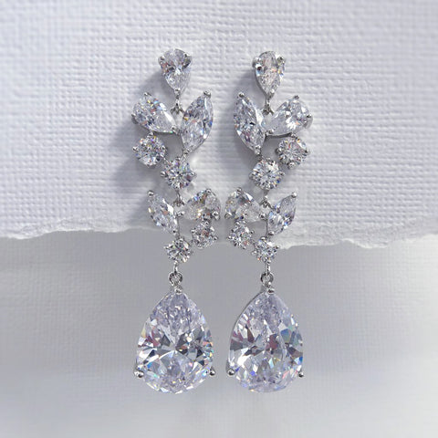 cubic zirconia clear crystal long dangle earrings