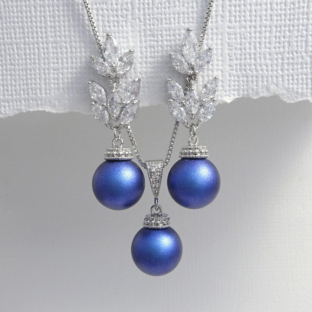 cubic zirconia iridescent blue pearl necklace and earrings set