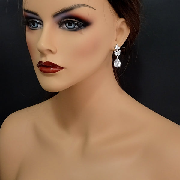 clear cubic zirconia drop crystal earrings on a model mannequin