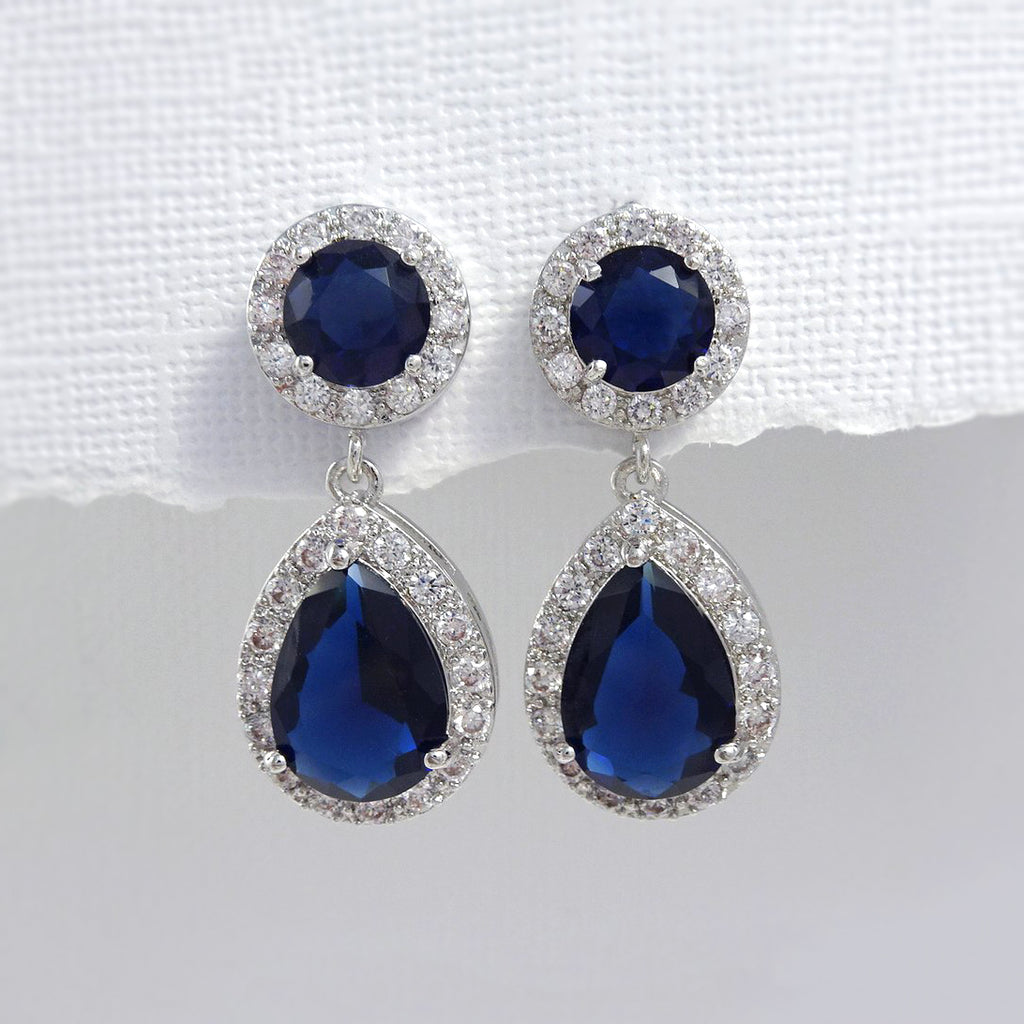 Dark Blue CZ Pear and Round Crystal Stud Dangle Earrings