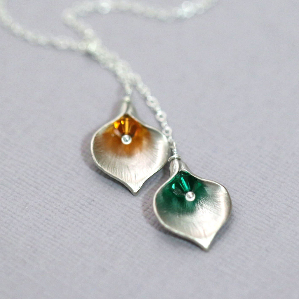 calla lily and birthstone crystal lariat necklace
