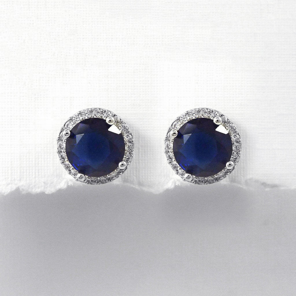 round dark blue cubic zirconia crystal stud earrings