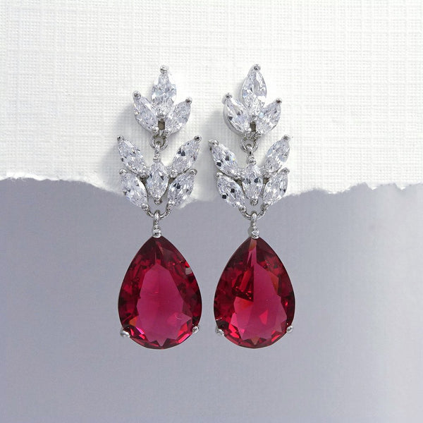 deep fuschia cubic zirconia crystal drop earrings in silver plated setting