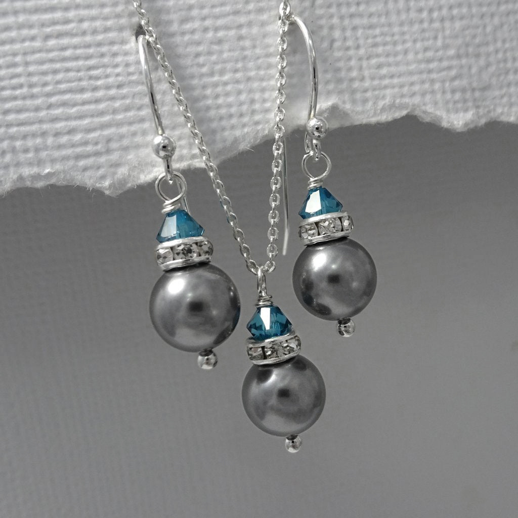 dark grey pearl and teal crystal necklace and earrings set