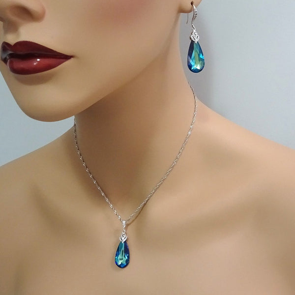 bermuda blue crystal necklace and earrings set on a model mannequin